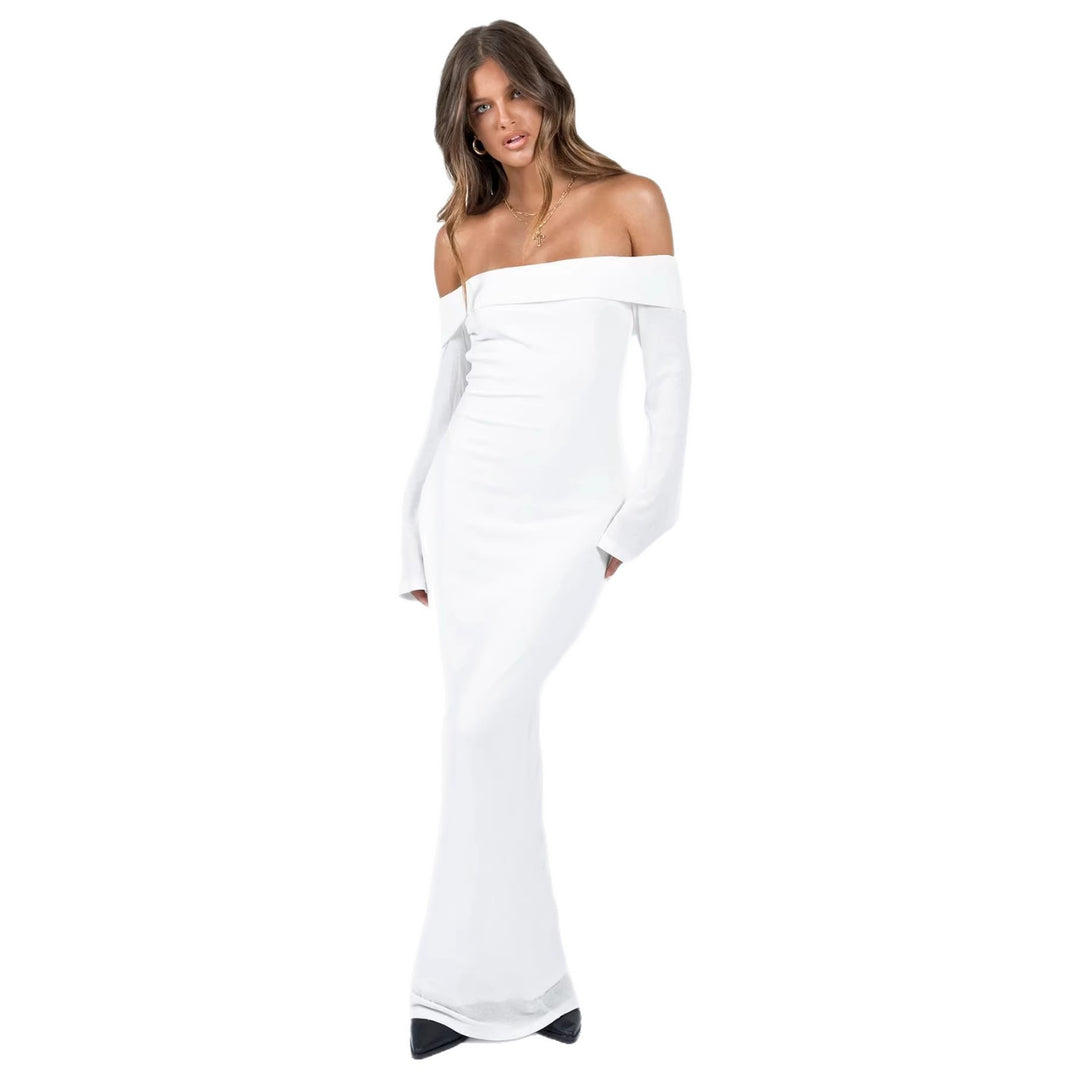 Damen Off-Shoulder Maxikleid mit langen Ärmeln und figurbetontem Schnitt R&B