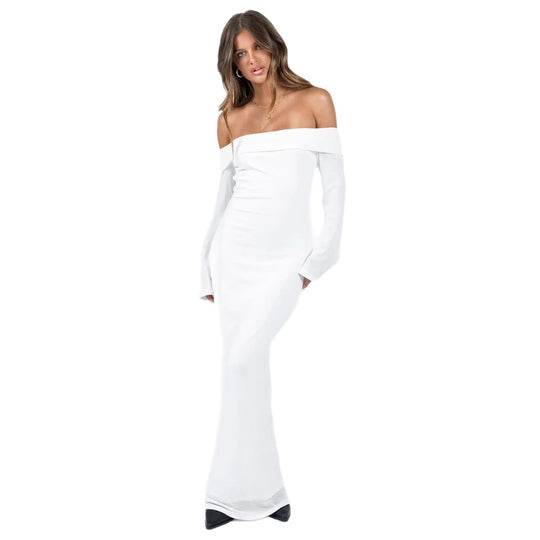 Damen Off-Shoulder Maxikleid mit langen Ärmeln und figurbetontem Schnitt R&B