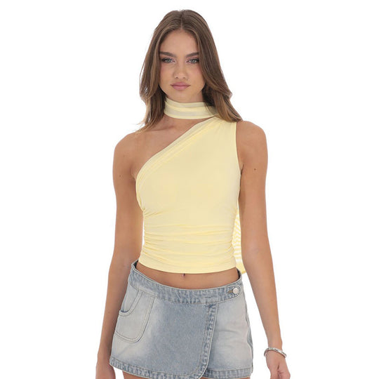 Damen asymmetrisches Wickeloberteil mit hohem Kragen und eleganter Taillierung R&B
