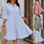 Damen gestreiftes Sommerkleid mit voluminösen Rüschensäulen und V-Ausschnitt R&B