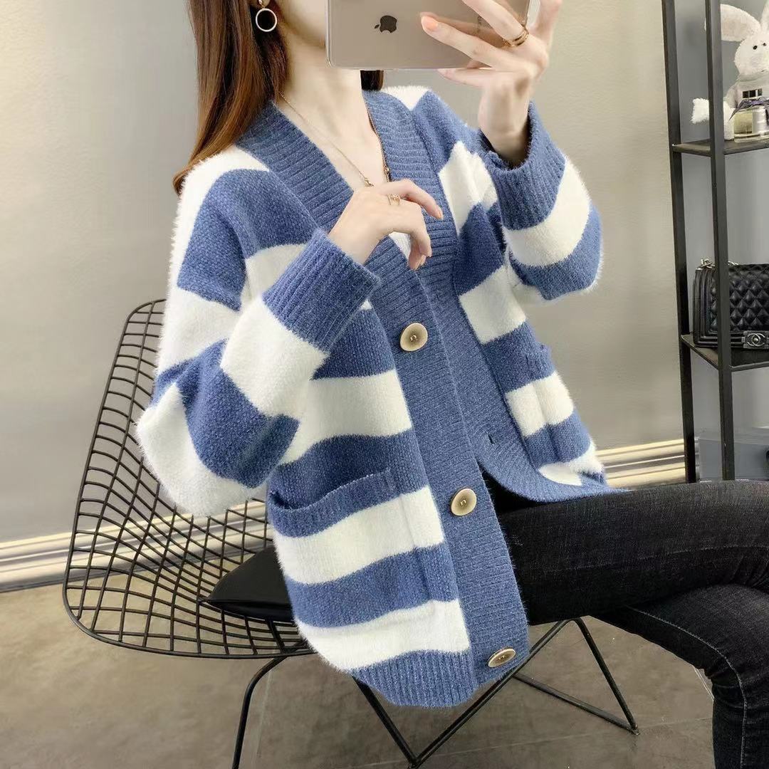 Damen Grobstrick-Cardigan mit Breton-Streifen und praktischen Taschen R&B