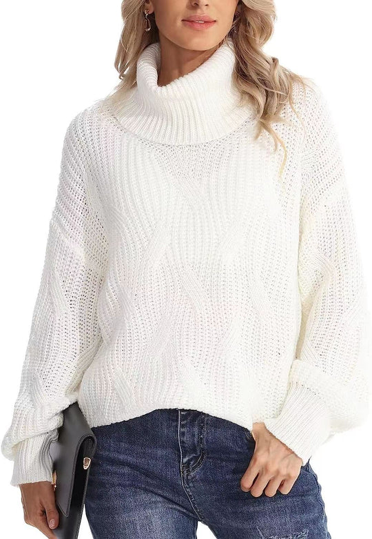 Damen Grobstrickpullover mit hohem Kragen und strukturiertem Zopfmuster R&B