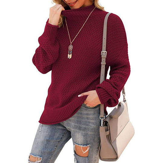 Damen Grobstrickpullover mit hohem Kragen und bequemen Ärmeln R&B
