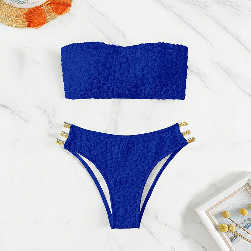 Damen Bandeau-Bikini mit dekorativen Riemen und strukturiertem Oberteil R&B