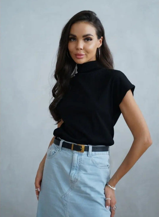 Damen modernes Kurzarm-Oberteil mit hohem Stehkragen und strukturiertem Design R&B