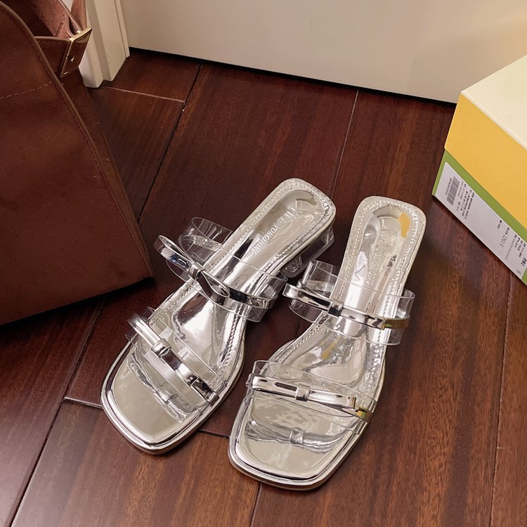 Damen elegante Riemensandalen mit transparentem Riemen und dekorativem Schleifenakzent R&B