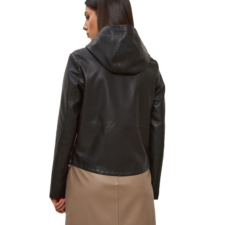 Damen modische Kunstlederjacke mit Kapuze und Reißverschlusstaschen R&B