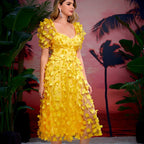Damen Rüschenmaxikleid mit floralen Applikationen und Puffed-Ärmeln R&B