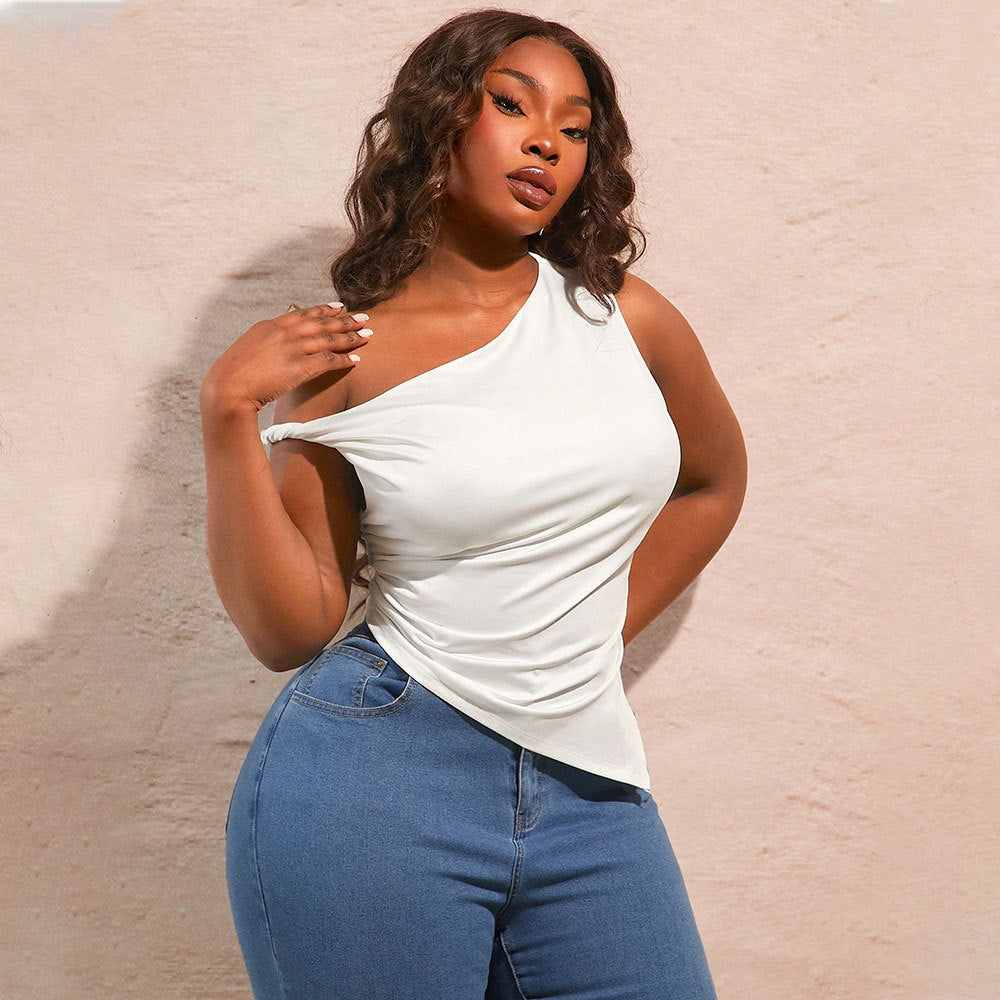 Damen asymmetrisches Oberteil mit schulterfreiem Design und Raffung R&B