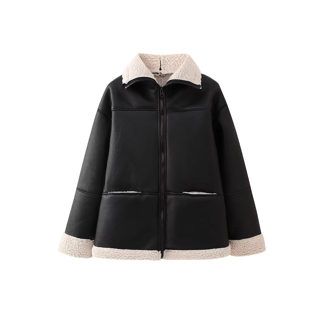 Damen angesagte Kunstlederjacke mit kuscheligem Innenfutter R&B