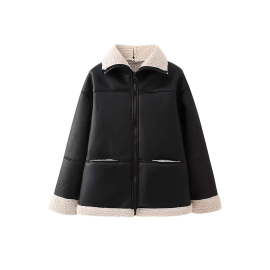 Damen angesagte Kunstlederjacke mit kuscheligem Innenfutter R&B
