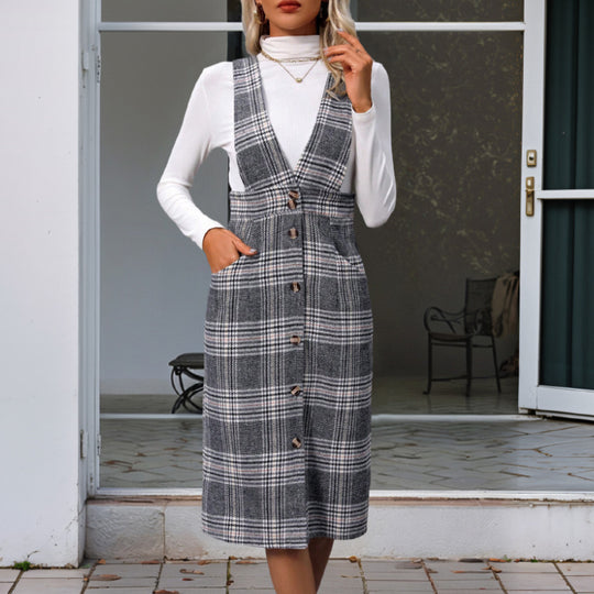 Damen Karierter Jumpsuit mit dezenter Knopfleiste und breiten Trägern R&B