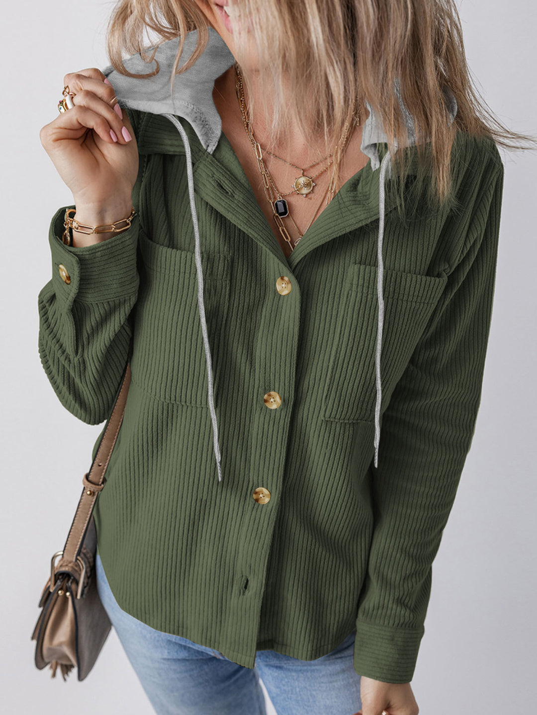 Damen Hemdblusenshirt mit Kapuze und geripptem Design R&B