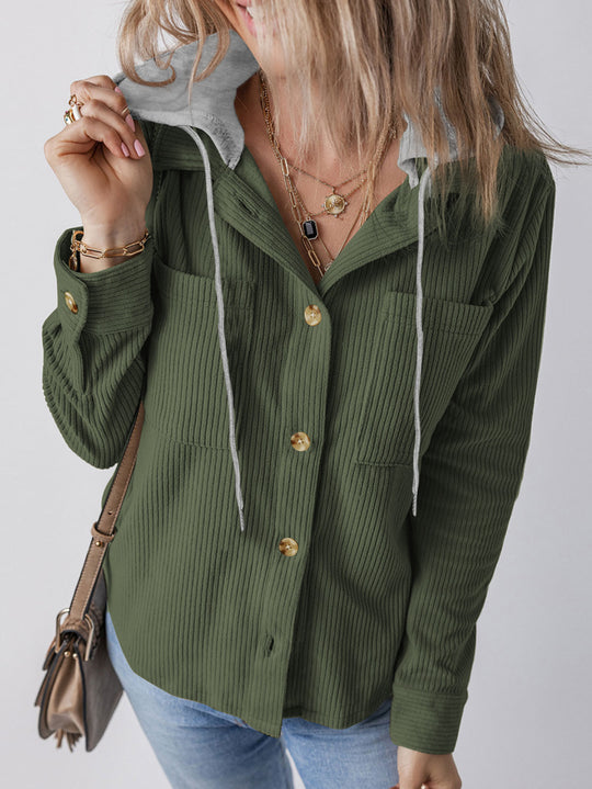 Damen Hemdblusenshirt mit Kapuze und geripptem Design R&B