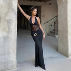 Damen Maxikleid mit durchscheinendem Oberteil und dekorativem Gürtel R&B