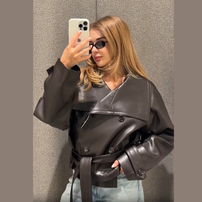 Damen Modische Cropped jacke mit doppelter Knopfleiste und breitem Kragen R&B