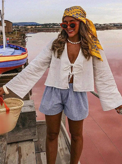 Damen lässige Leinenjacke mit eleganter Kordelzug-Detail R&B