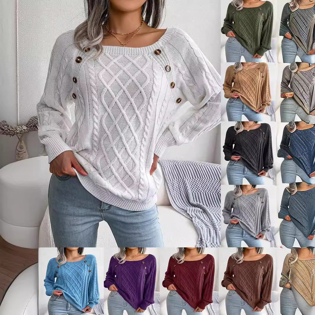 Damen Strickpullover mit hochwertigen Knopfdetails und raffiniertem Zopfmuster R&B