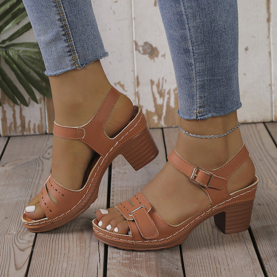 Damen modische Sandaletten mit eleganter Schnalle und Holz-Blockabsatz R&B