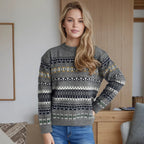 Damen Kuscheliger Strickpullover mit folkloristischem Muster und hohem Kragen R&B