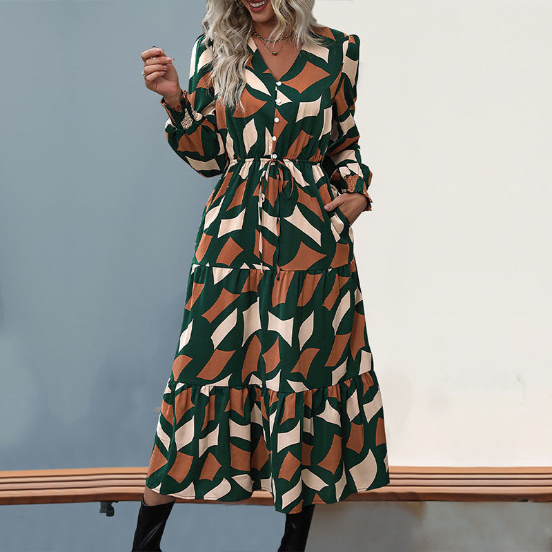 Damen Maxikleid mit knöpfen und elastischem Taillenzug R&B