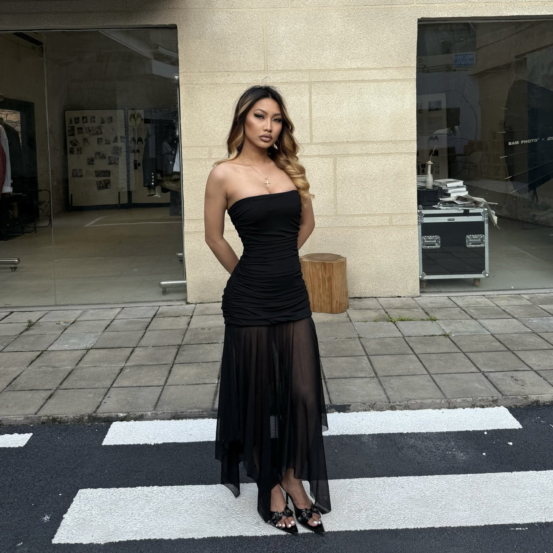Damen Elegantes Maxikleid mit gerafftem Oberteil und transparentem Rock R&B