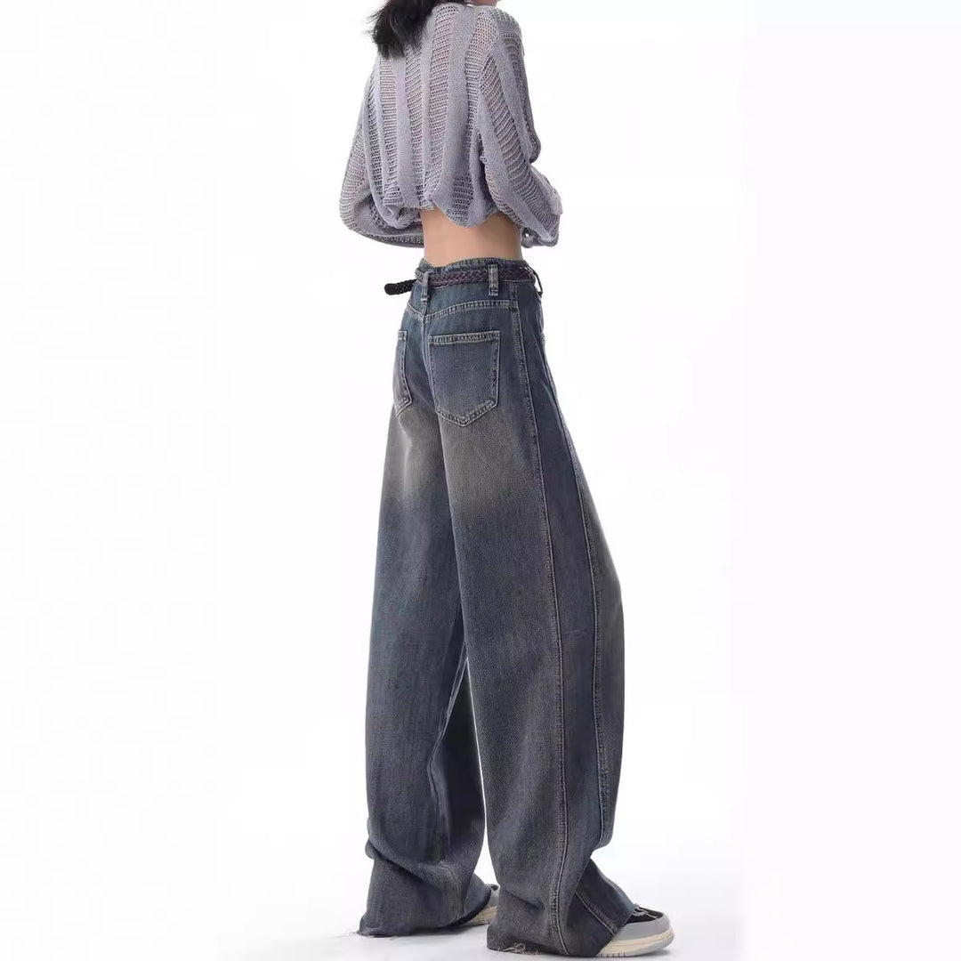 Damen Weite High-Waist Jeans mit lässigen Falten und modischem Design R&B