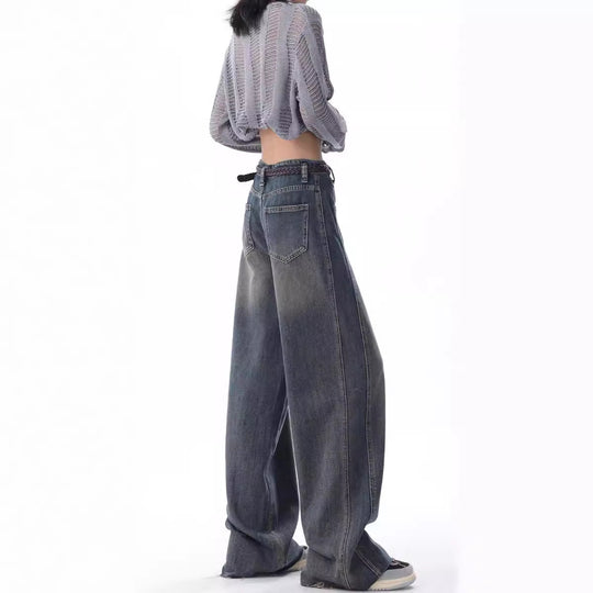 Damen Weite High-Waist Jeans mit lässigen Falten und modischem Design R&B