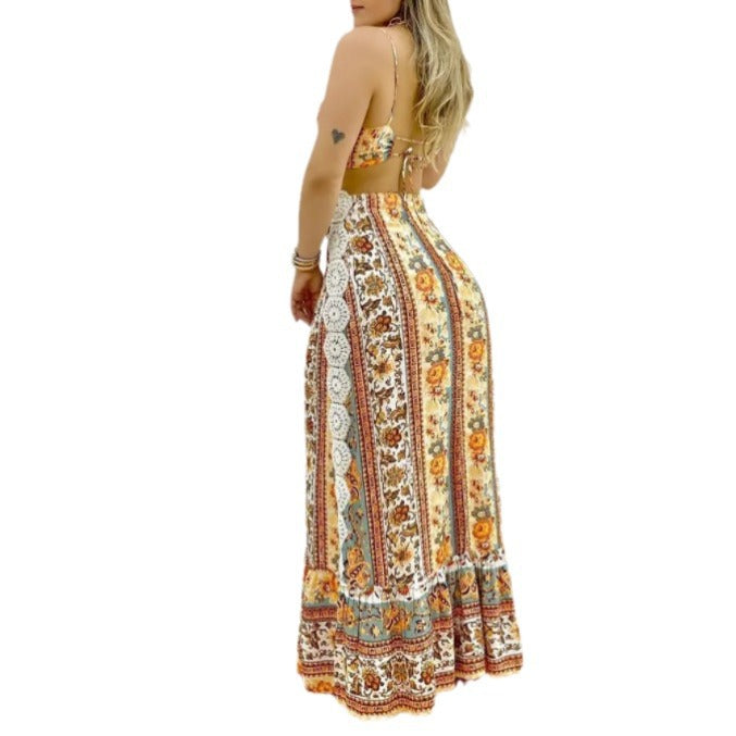 Damen Zweiteiliges Boho-Outfit mit floralen Mustern und Rüschen R&B