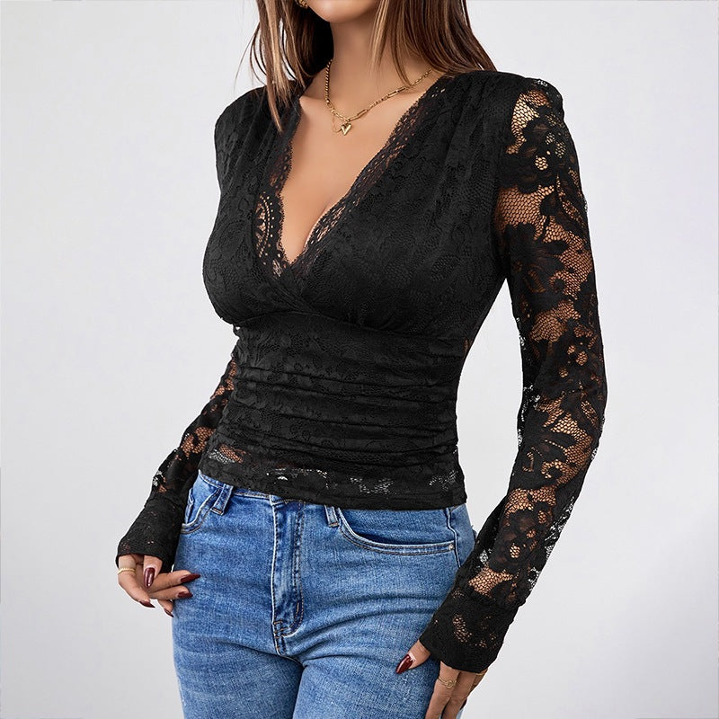Damen Spitzenbluse mit tiefem V-Ausschnitt und langen Ärmeln R&B
