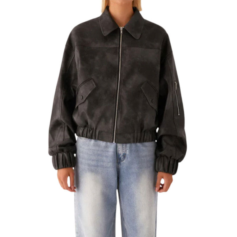 Damen lässige Kunstlederjacke mit voluminösen Ärmeln R&B