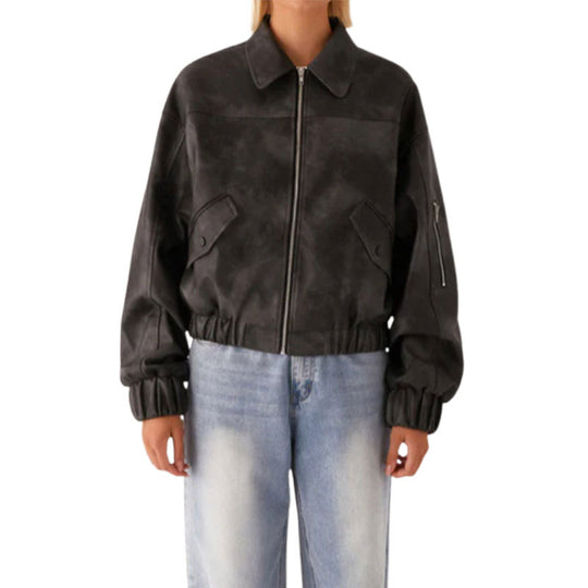 Damen lässige Kunstlederjacke mit voluminösen Ärmeln R&B