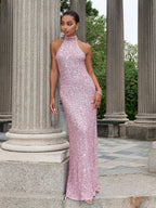 Damen Glitzerndes Abendkleid mit hohem Kragen und figurbetontem Schnitt EB