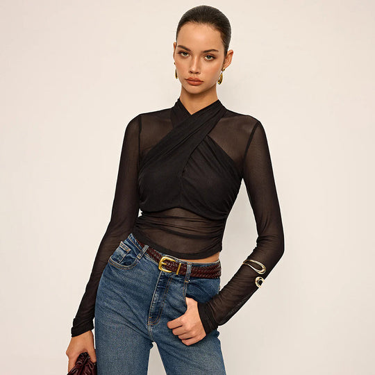 Damen Elegantes Wickeloberteil mit transparentem Stoff und langen Ärmeln R&B