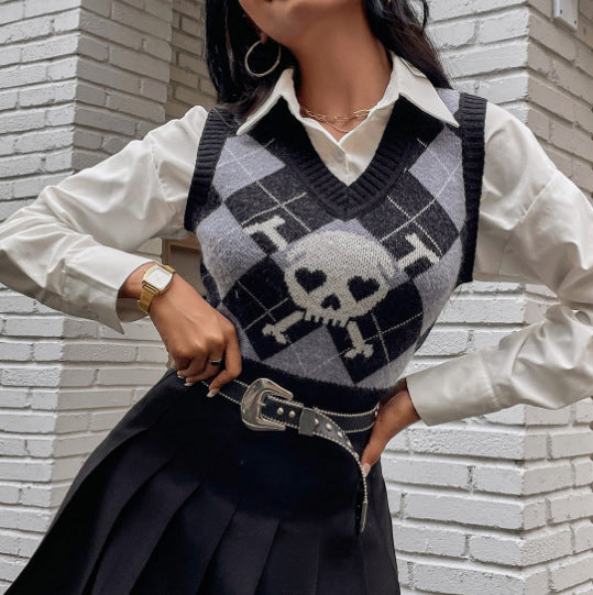 Damen Strickweste mit kreativem Totenkopf-Muster R&B