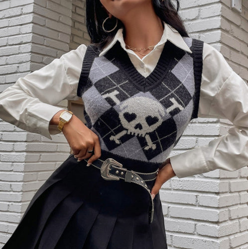 Damen Strickweste mit kreativem Totenkopf-Muster R&B