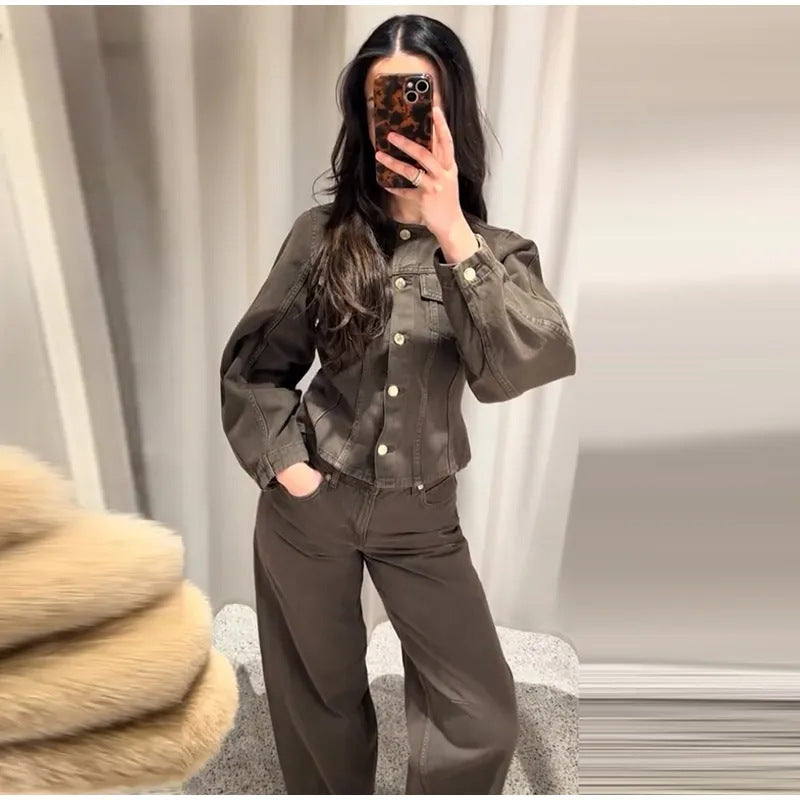 Damen Modische Jeansjacke mit Puffärmeln und dekorativen Knöpfen R&B