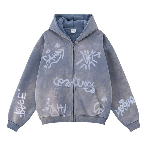 Unisex nan oversized Kapuzenjacke mit durchgehendem Reißverschluss, gebürstetem Fleecefutter und handähnlichem Sprayprint R&B