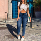 Damen Skinny Cargo-Jeans mit hohem Bund und funktionalen Seitentaschen R&B