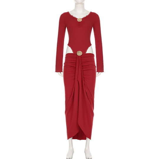 Damen eleganter Wickelrock mit Raffungen und dekorativem Knopf R&B