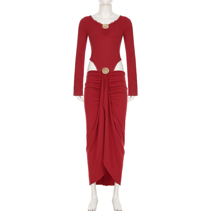Damen eleganter Wickelrock mit glanzvollem Knopfdetail R&B