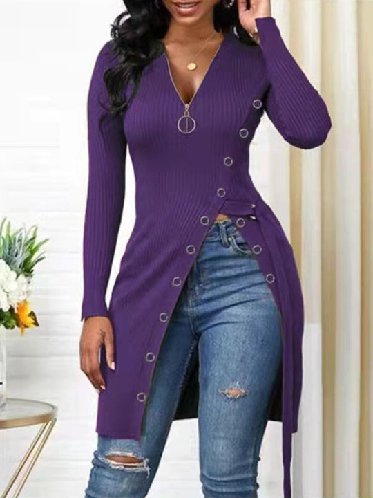 Damen figurbetontes Wickelshirt mit Knopfdetails und tiefem V-Ausschnitt R&B