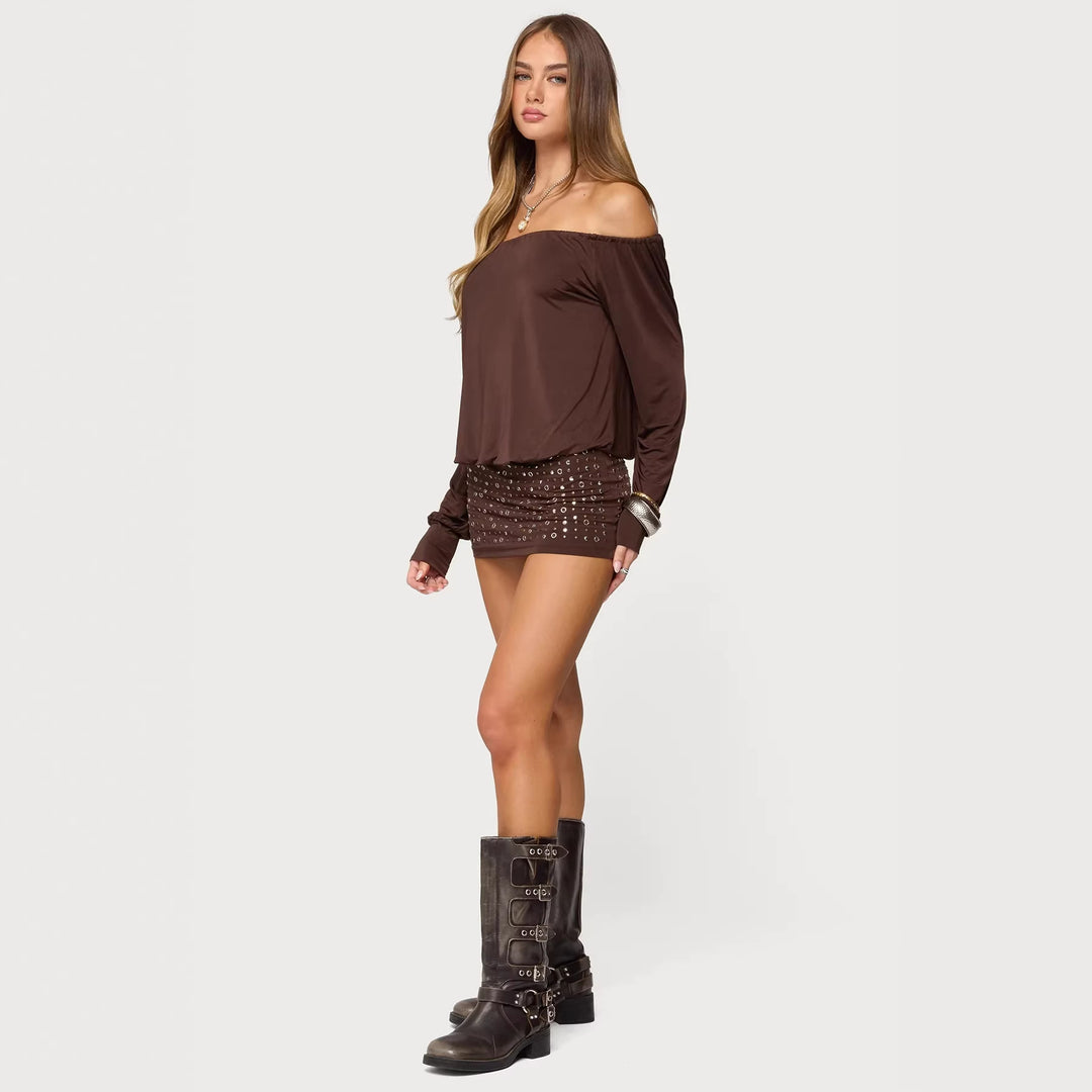 Damen Off-Shoulder Top mit eleganten langen Ärmeln und figurbetontem Rock R&B