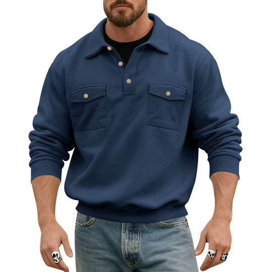 Herren nan Polokragen Sweatshirt mit aufgesetzten Brusttaschen und gerippten Bündchen R&B