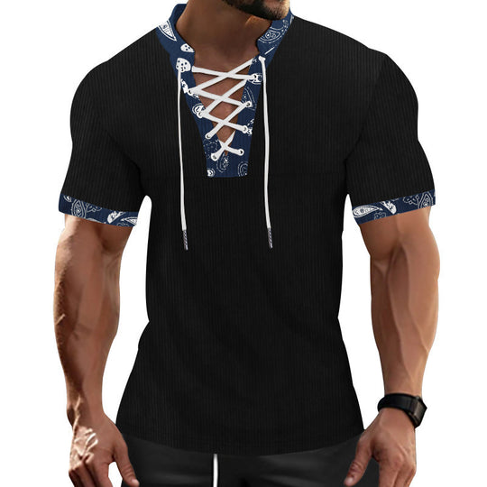 Herren Kurzarm Henley-Shirt mit modernem Schnürdesign und attraktiven Kontrastelementen R&B