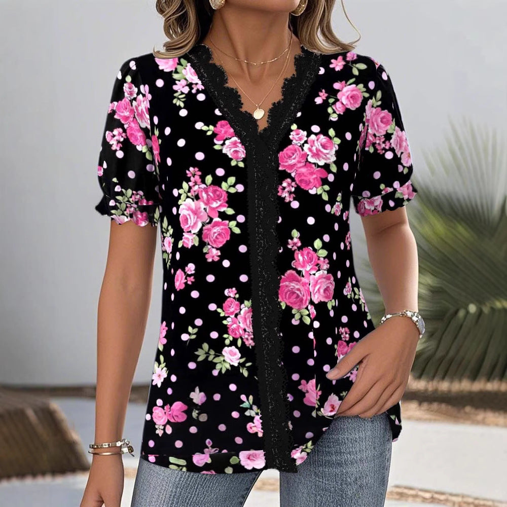 Damen nan florale V-Ausschnitt-Bluse mit dekorativer Spitzenblende und gerafften Kurzärmeln R&B