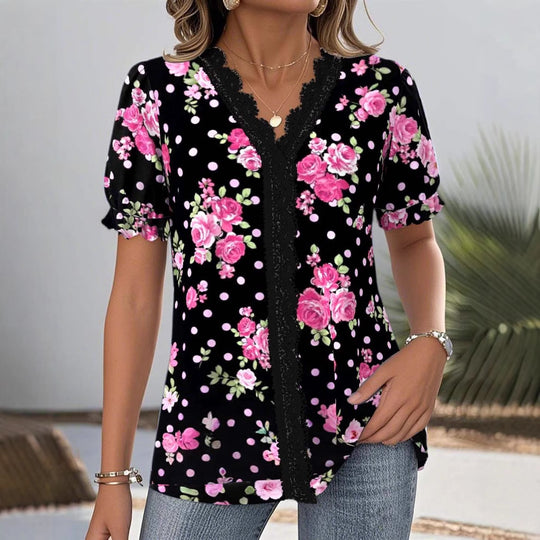 Damen nan florale V-Ausschnitt-Bluse mit dekorativer Spitzenblende und gerafften Kurzärmeln R&B