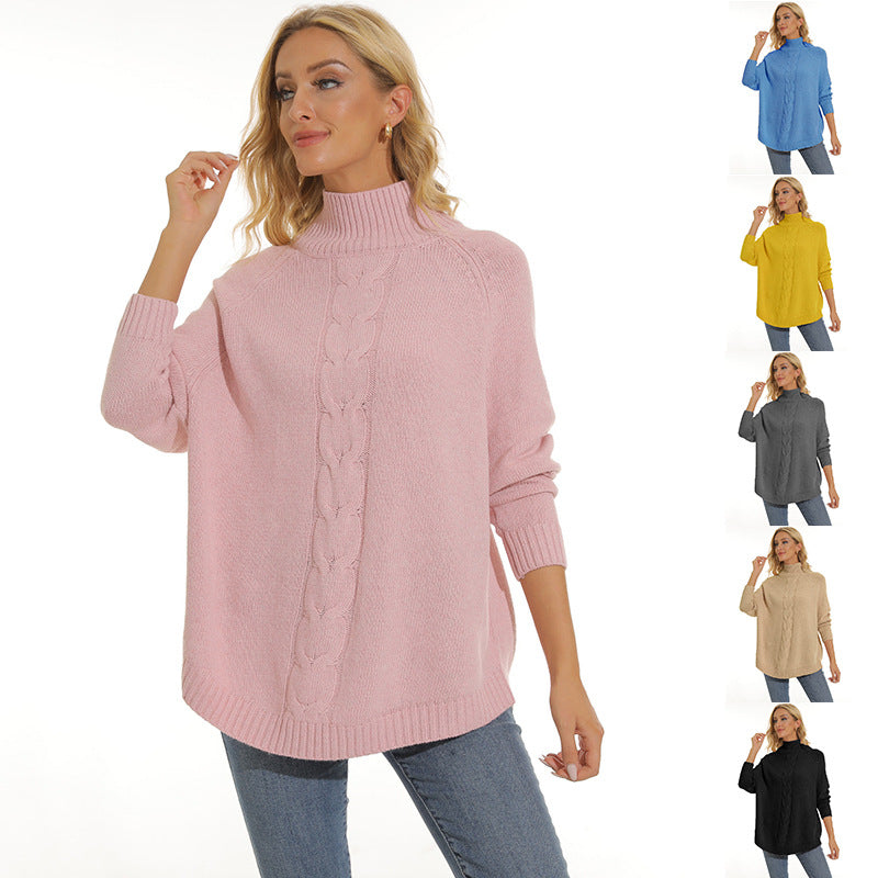 Damen gemütlicher Strickpullover mit hochgeschlossenem Kragen und modischem Zopfmuster R&B