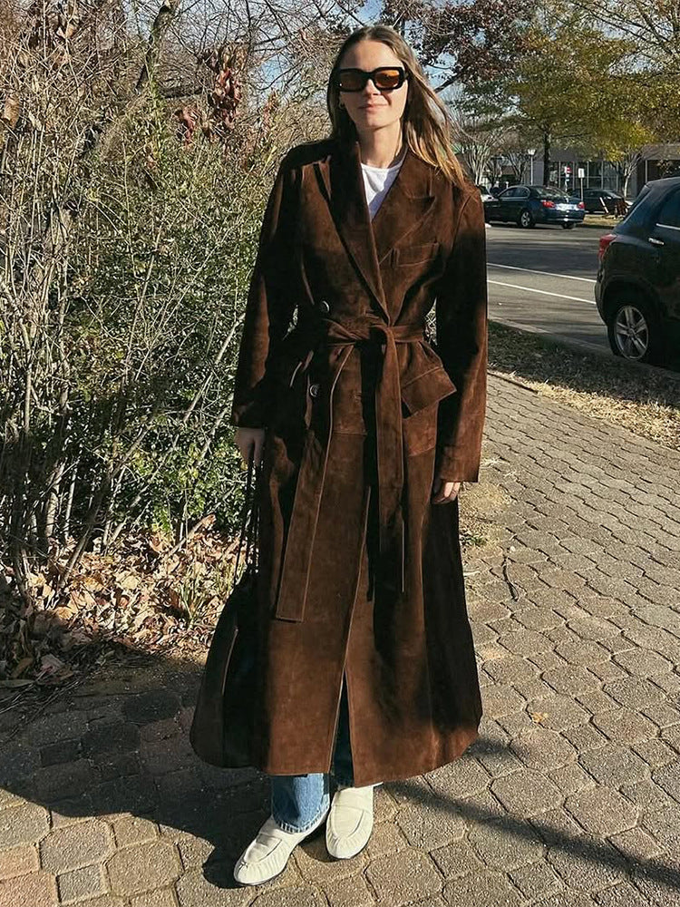 Damen Eleganter Wildledermantel mit Taillengürtel R&B