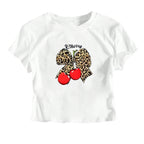 Damen Crop-T-Shirt mit verspieltem Leoparden-Schleifenmotiv und fruchtigem Print R&B